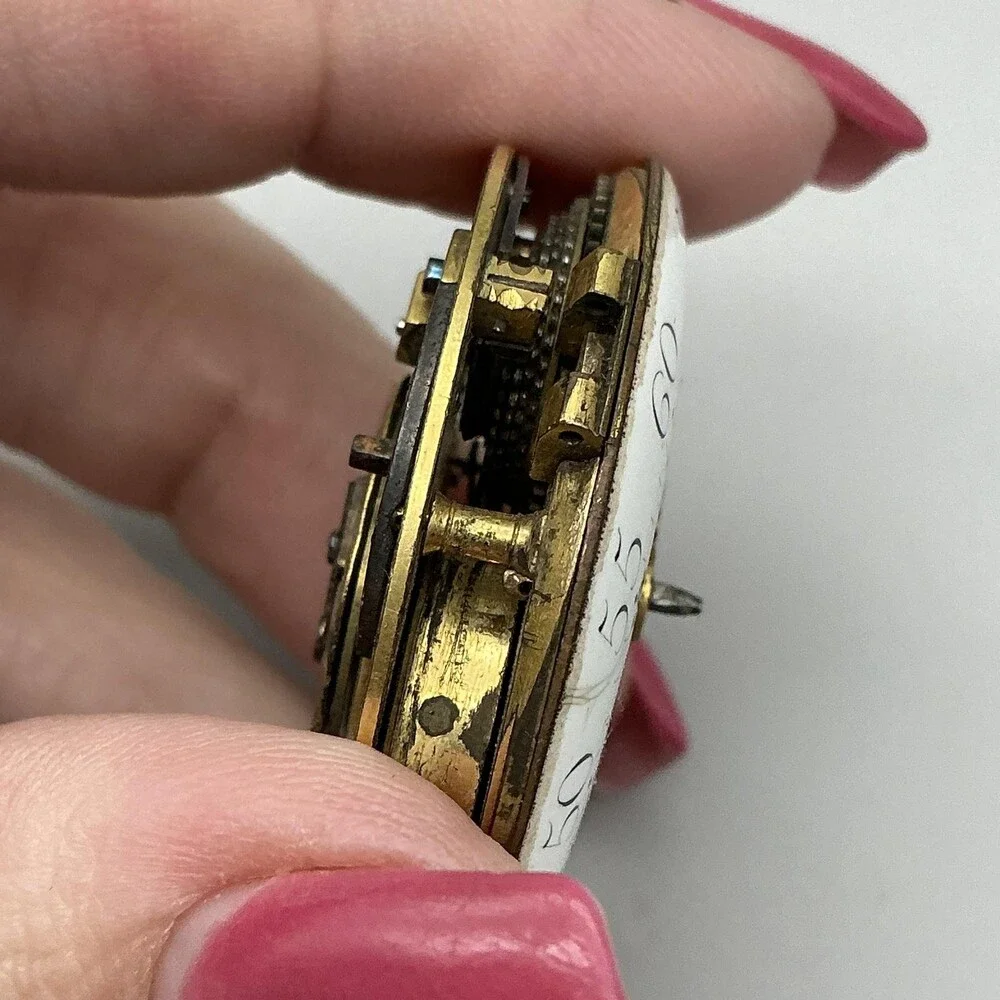 Antique Verge Fusee Pocket Watch Men 36mm Enamel Key Movement Manual Not Running